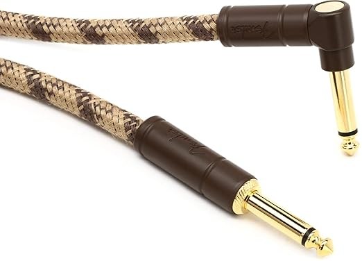 Fender Festival Hemp Straight to Right Angle Instrument Cable, Guitar Cable, Guitar Accessories, 10 foot Brown Stripe