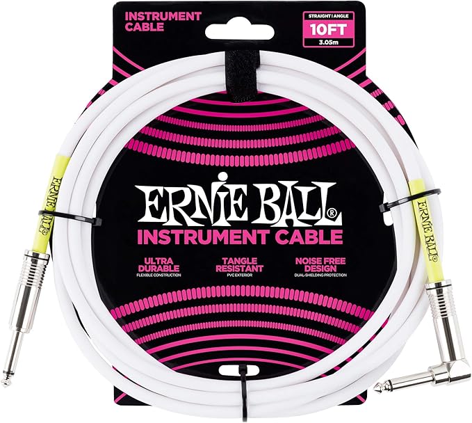 Ernie Ball Instrument Cable, Straight/Angle, 10ft, White (P06049)