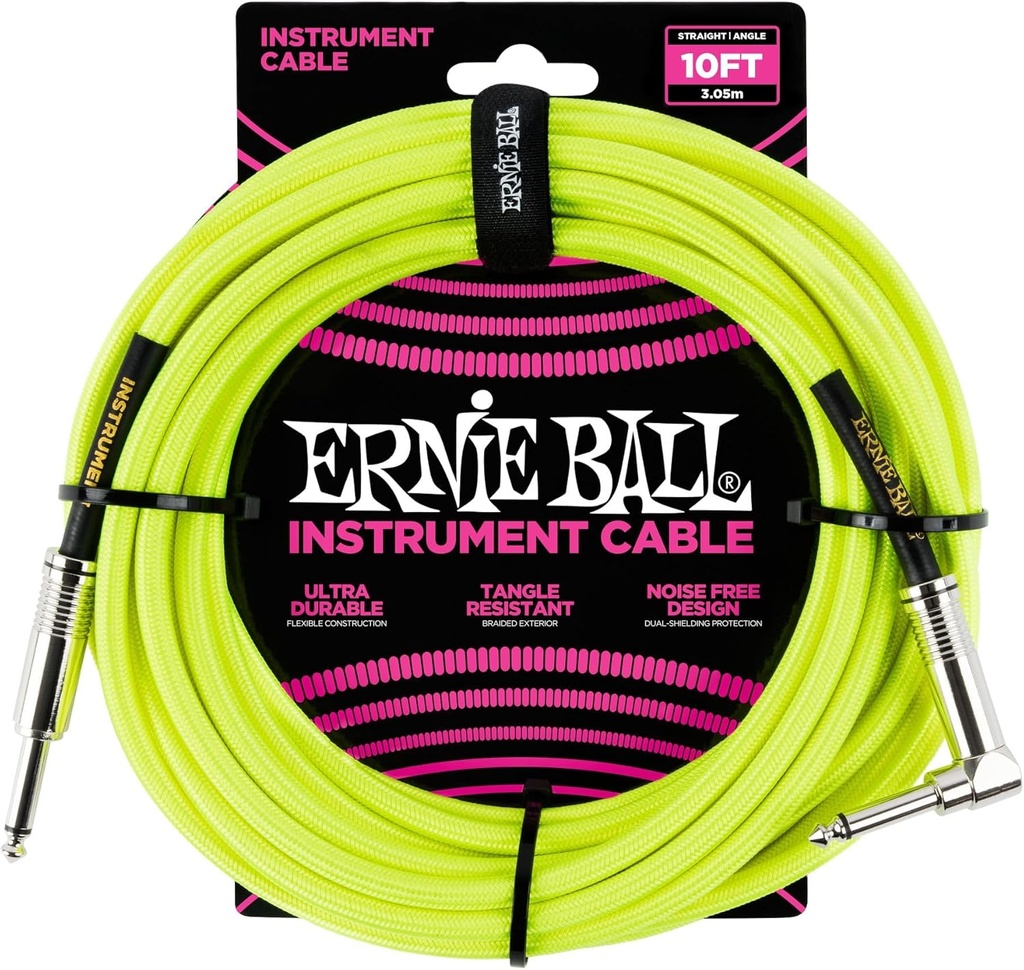 [P06080] 10FT BRAIDED INSTRUMENT CABLE STRAIGHT/ANGLE NEON YELLOW Ernie Ball Braided Instrument Cable Straight/Angle 10ft - Neon Yellow 