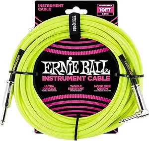 Ernie Ball 10FT BRAIDED INSTRUMENT CABLE STRAIGHT/ANGLE NEON YELLOW