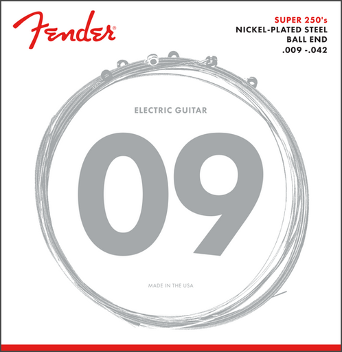 [FENDER SUPER 250 GUITAR STRINGS, NICKEL PLATED STEEL, BALL END, 250L GAUGES .009-.042, (6)] Fender Super 250 Guitar Strings Nickel Plated Steel Ball End 250L Gauges 009042 6