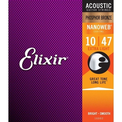 [733132160020] Elixir Nanoweb Phosphor Bronze 10-47 Acoustic Guitar Strings 