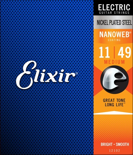 [733132121021] Elixir Nickel Plated Steel 12102 Electric Guitar Strings, NANOWEB, Medium, 11-49 
