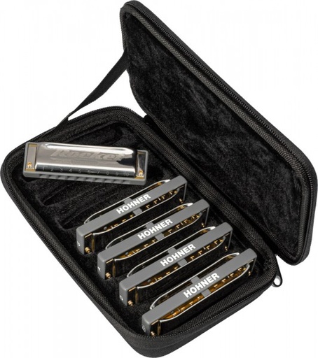 [400912618650] Hohner Blues Band Harmonica Starter Set in Carry Case w/ 7 Harps A, Bb, C, D, E